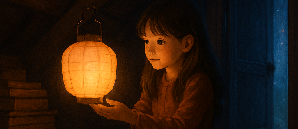 A young child with long brown hair holds a glowing paper lantern in a dimly lit room, their reddish-orange shirt bathed in warm light as they gaze at the lantern’s soft golden glow; behind them, a stack of books and a shadowy doorway hint at mystery beyond, contrasting the lantern’s warmth with the cool, bluish tones of the background.
