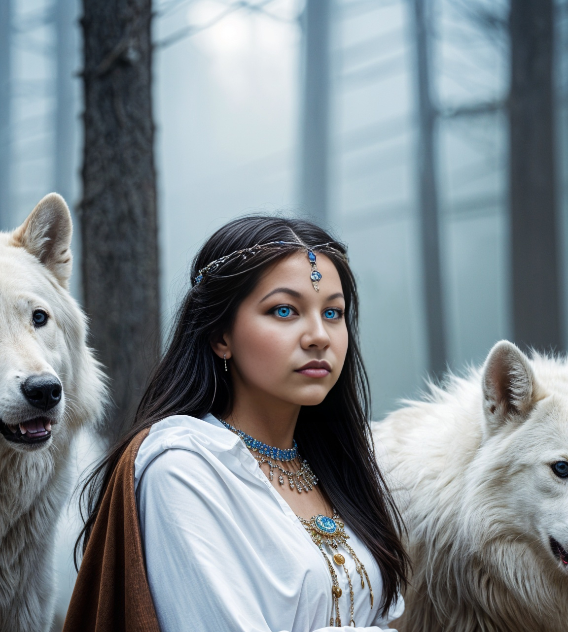 A fantasy-style portrait of a person with long dark hair, bright blue eyes, and a silver headpiece decorated with blue gemstones. They wear a white garment and blue jewelry, standing between two large white wolves. A tree trunk and soft mist fill the background, creating a mystical, ethereal atmosphere.