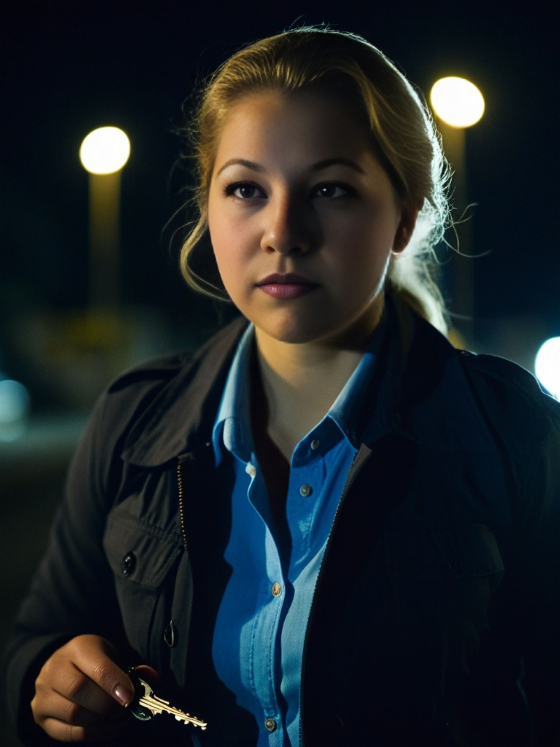 A person standing outdoors at night, illuminated by nearby lights, holding a key in one hand. They wear a dark jacket over a blue collared shirt, with blurred streetlights glowing in the background.