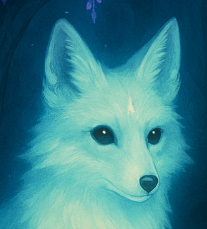 A luminous white fox with glowing silver-blue fur, its dark eyes fixed on the viewer with quiet intensity; the surrounding forest is shadowy and dreamlike