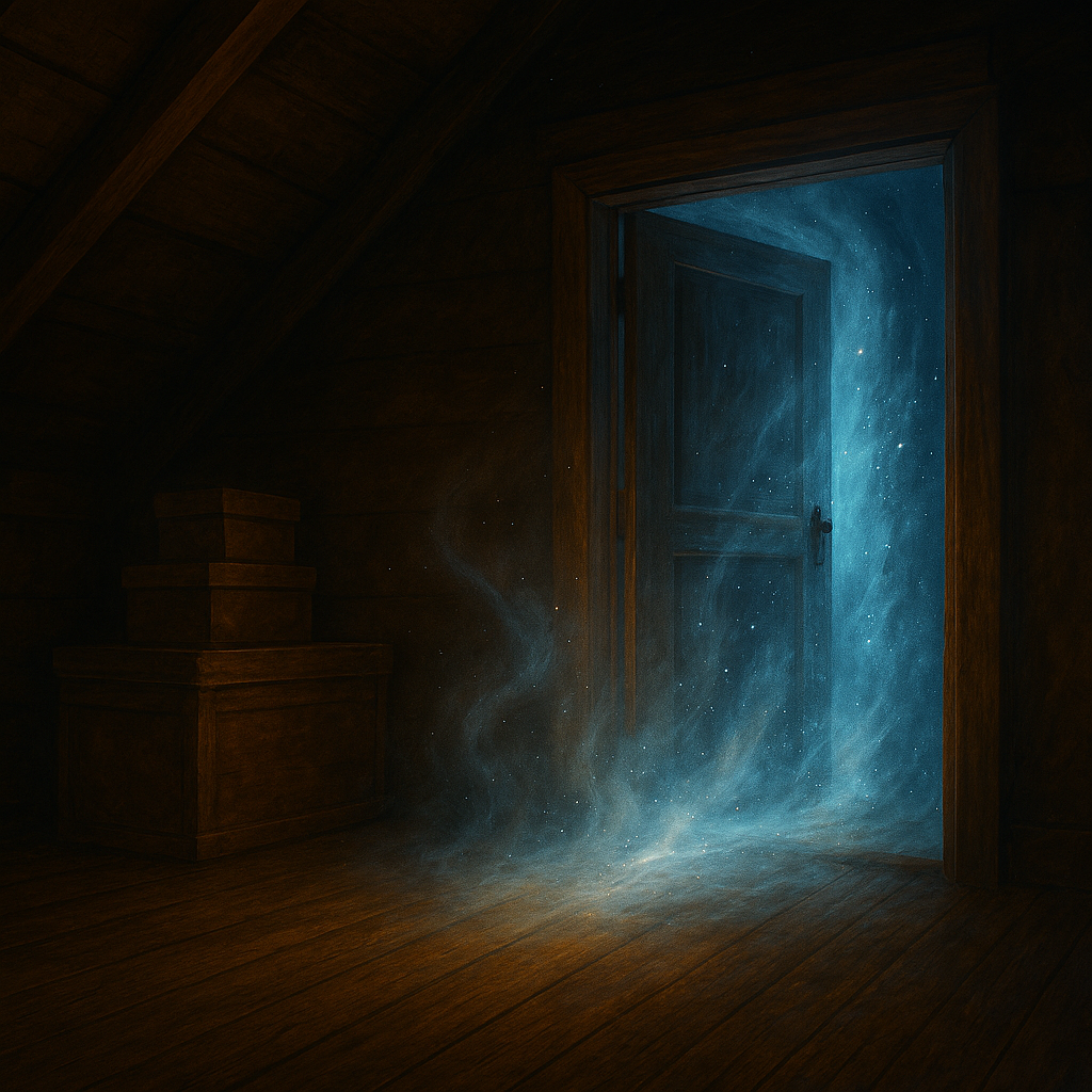 A slightly open wooden attic door glows with radiant blue and white light, spilling mist and sparkling particles into a dark, dusty attic. The surrounding wooden beams and floorboards are aged and shadowed, while stacked boxes and a chest sit nearby. Ethereal mist flows outward from the doorway, suggesting a magical realm beyond.