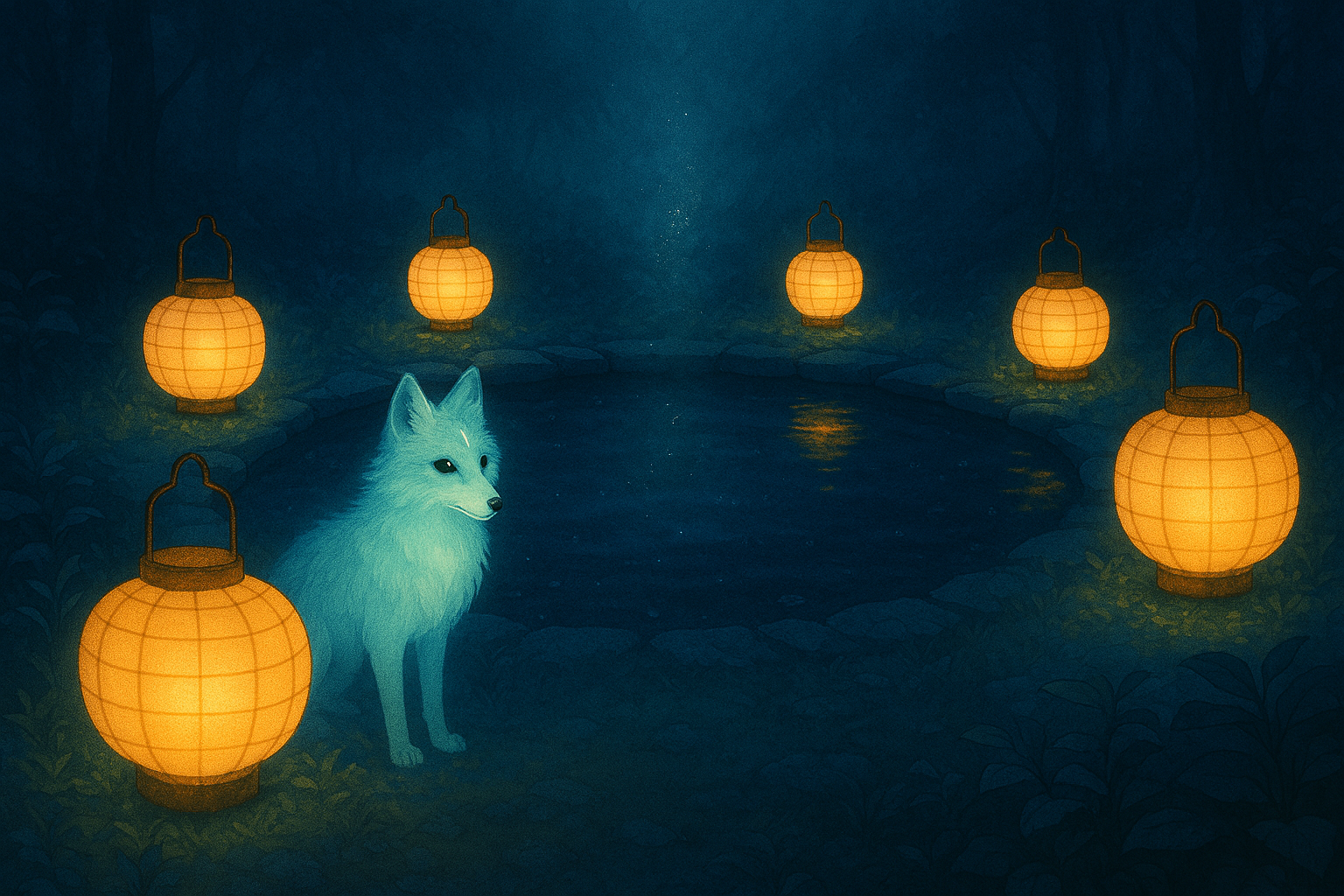 A glowing blue fox stands calmly beside a circular pond in a shadowy forest clearing, surrounded by six warm orange lanterns that cast soft light across the dark water and misty foliage; the contrast between the fox’s ethereal glow and the lanterns’ warmth creates a serene, magical atmosphere.