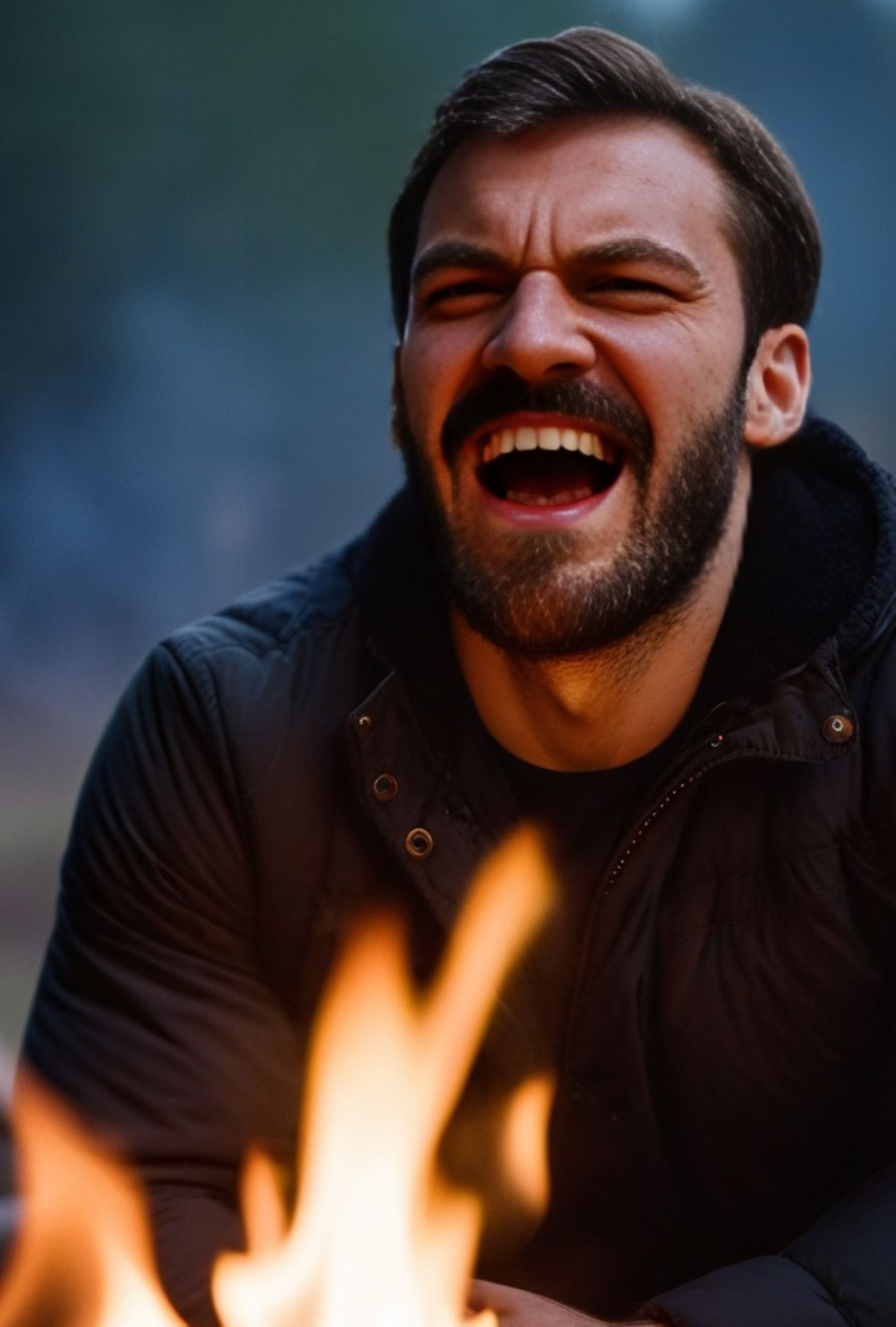 A bearded man sits near a fire at night, the warm flames illuminating his face and dark jacket. The background is outdoors and softly blurred, creating a contrast between the fire’s glow and the cool surroundings.