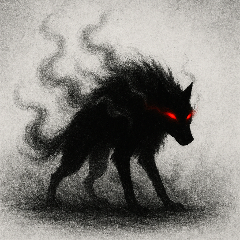 A dark, smoky wolf-like creature with glowing red eyes emerges from swirling black mist. Its body appears ghostly and insubstantial against a pale gray background, creating an eerie, supernatural atmosphere.