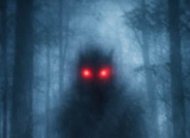 A shadowy humanoid figure with glowing red eyes stands in a misty, dimly lit forest. Tall, thin trees fade into blue fog, creating an eerie, supernatural atmosphere.