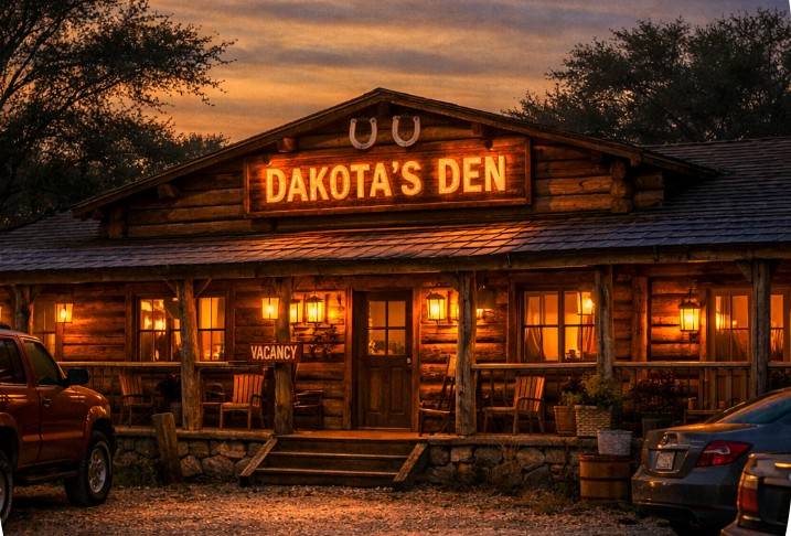 A rustic log‑cabin lodge with a glowing sign reading “Dakota’s Den,” two horseshoe symbols above it, warm lantern lights on the porch, several chairs, and a small “Vacancy” sign near the entrance. Two parked vehicles sit in front of the building under a dusky sky with trees in the background.