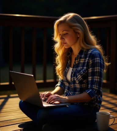 A person with long light hair sits cross‑legged on a wooden deck outdoors, working on a laptop. They wear a blue plaid shirt and jeans, with a white mug placed beside them. Warm sunlight casts a soft glow across the scene, creating a calm, focused atmosphere.
