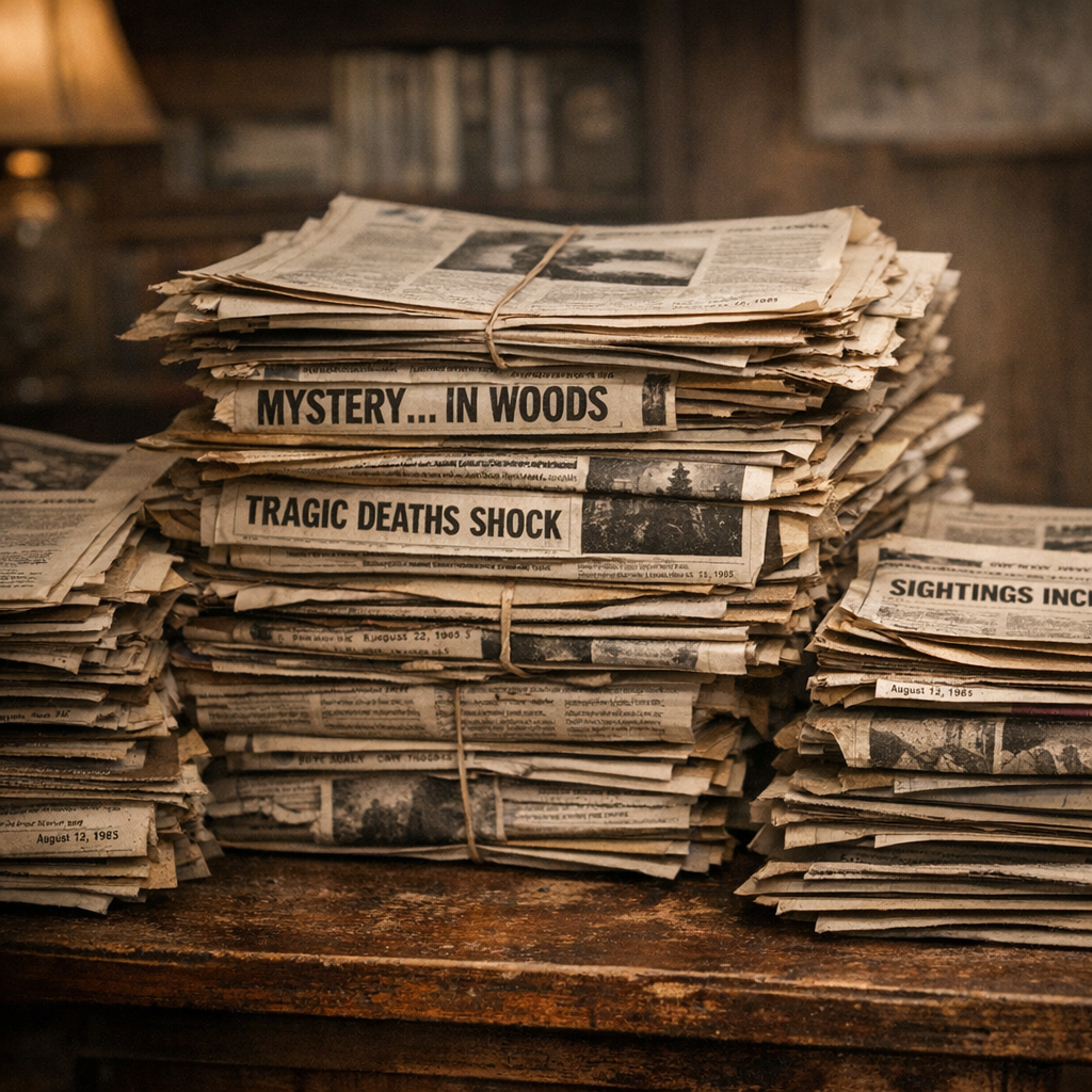 Stacks of old, yellowed newspapers tied with string sit in a pile. The top pages show bold, dramatic headlines about mysterious events and tragic deaths, giving the scene a vintage, investigative feel.