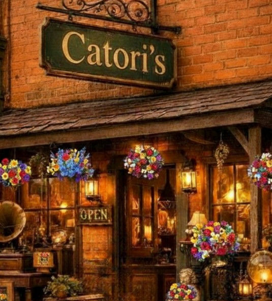 A vintage-style shop with a rustic brick exterior and wooden trim, named “Catori’s.” Colorful hanging flower baskets line the storefront, and warm amber light glows through large windows displaying antique items such as a gramophone and decorative lamps. A small “Open” sign hangs on the door, creating a cozy, nostalgic atmosphere.