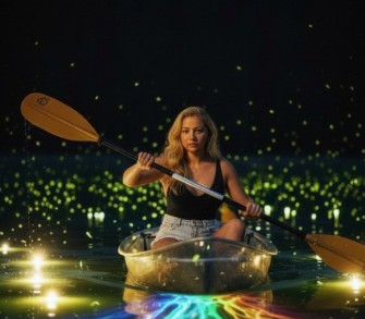 A person sits in a transparent kayak on calm water at night, holding a yellow‑bladed paddle. The water glows with colorful, rainbow-like reflections beneath the kayak. In the background, numerous small yellow-green lights—resembling fireflies or bioluminescent particles—float in the darkness, creating a magical, dreamlike atmosphere.