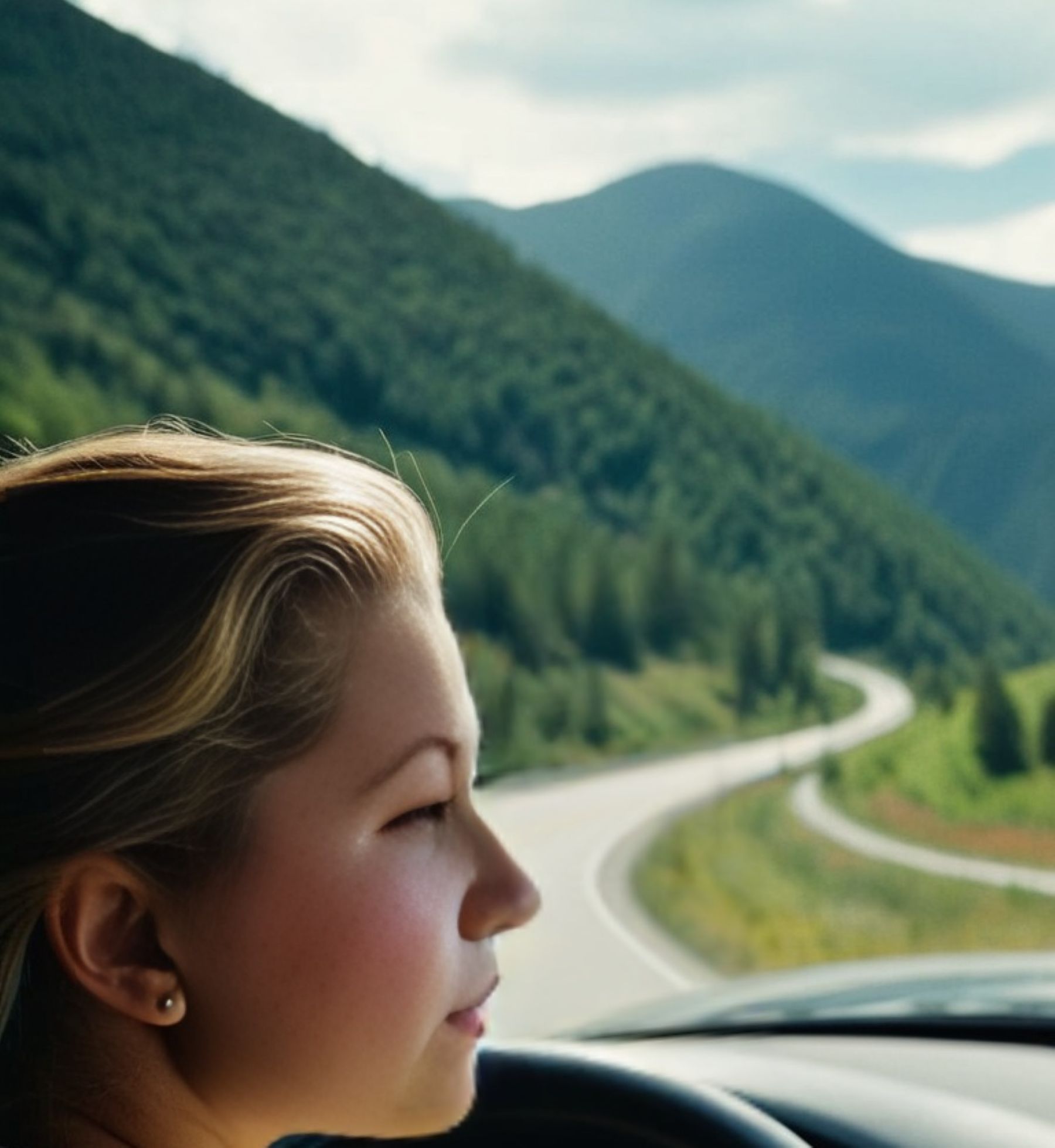 A person sits inside a vehicle, looking out through the windshield at a winding road that curves through a lush, green mountain landscape. Forested hills and distant peaks rise under a partly cloudy sky, creating a peaceful, scenic view.