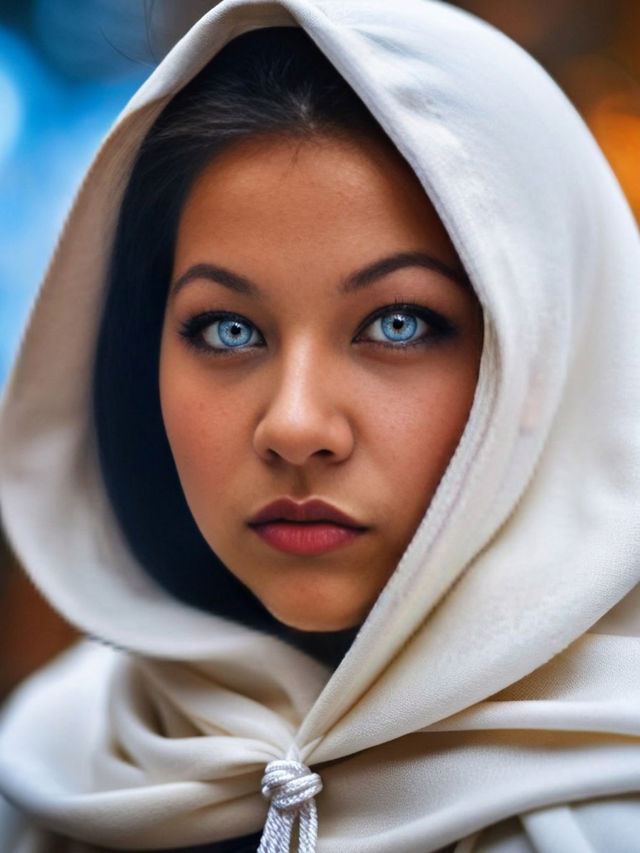 A close-up portrait of a person wearing a light hooded garment fastened with a decorative cord. Warm, blurred tones fill the background, highlighting their blue eyes and partially visible dark hair.