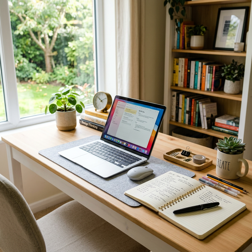 Home office desk with laptop, notebooks, mouse, clock, plants, and window view