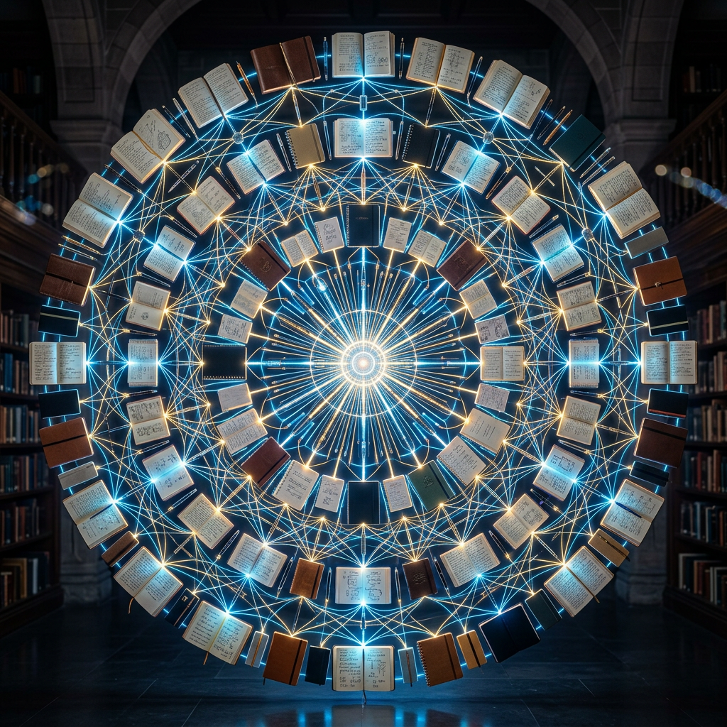 Circular arrangement of illuminated open books connected by glowing blue and yellow lines