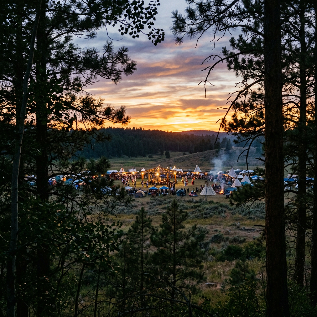 Festival gathering with tents and bonfires in a forest clearing at sunset
