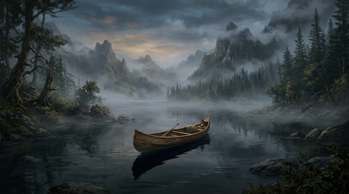 Wooden canoe floating on calm misty mountain lake surrounded by pine trees and rocky peaks