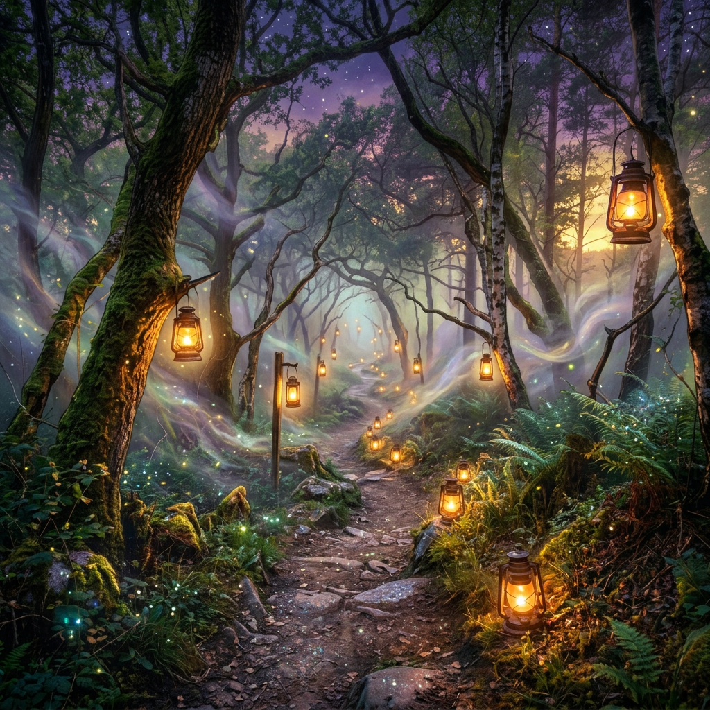 Forest path lined with glowing lanterns among trees at twilight