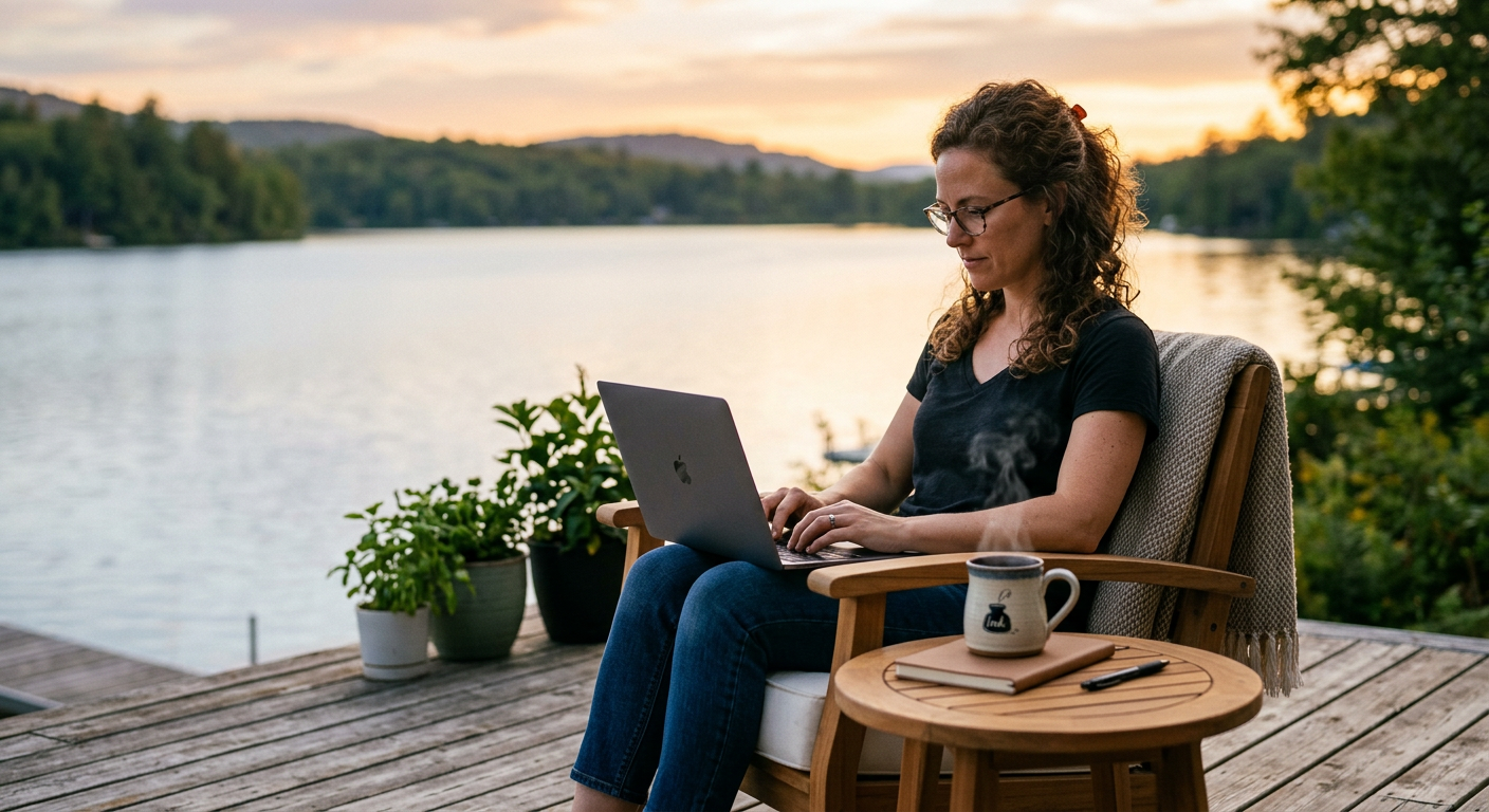 Woman using laptop seated on deck chair by lake with coffee and notebook