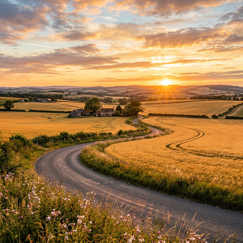 Winding road through wheat fields with sunset on horizon