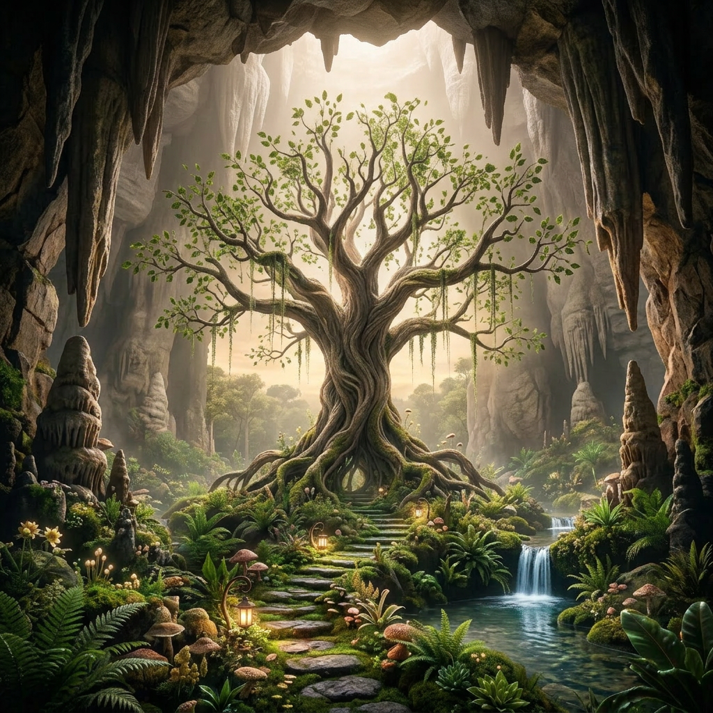 A glowing magical tree inside a cave surrounded by colorful plants and a small waterfall
