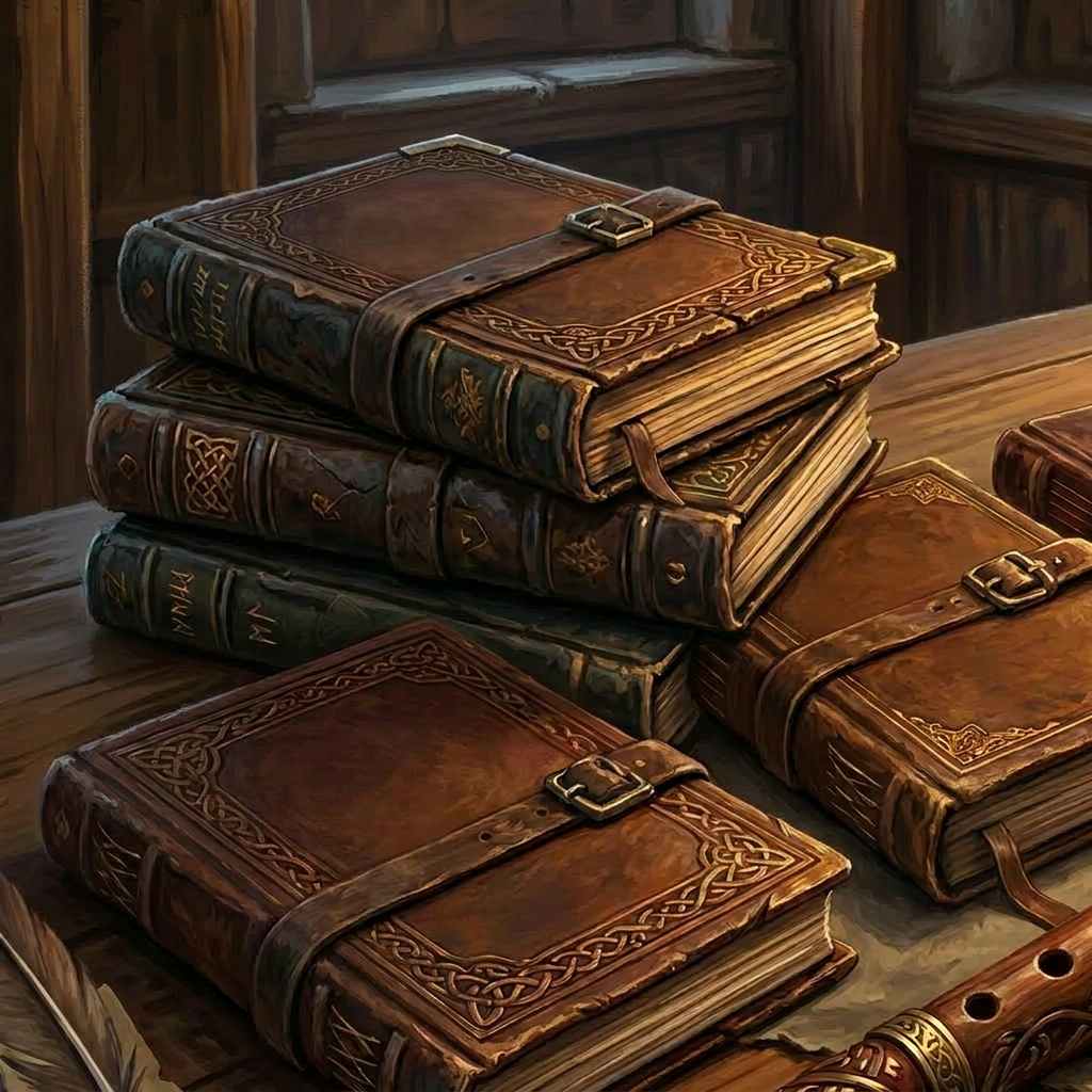 Stack of ancient leather-bound books, a wooden flute, quill, inkpot, and oil lamp on a wooden desk by stained glass windows