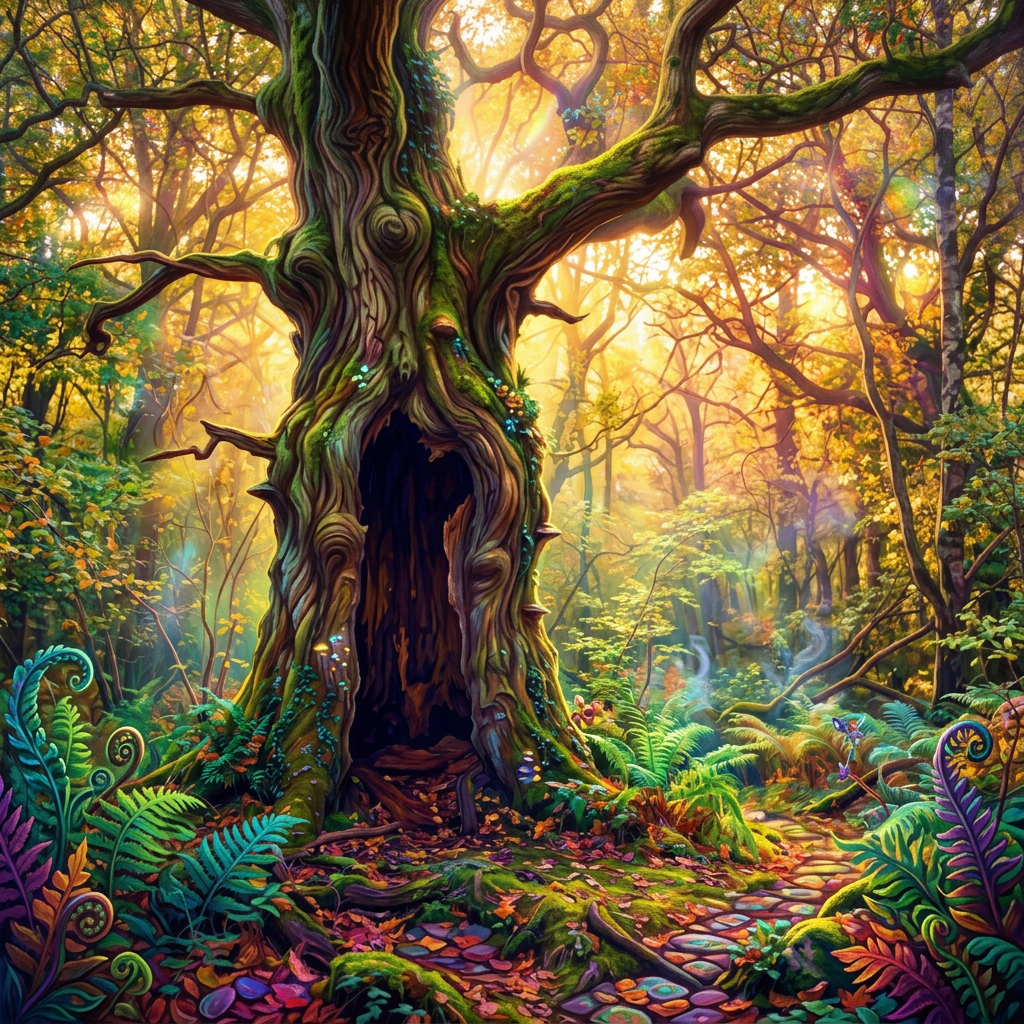 Large hollow tree with moss and ivy in an autumn forest