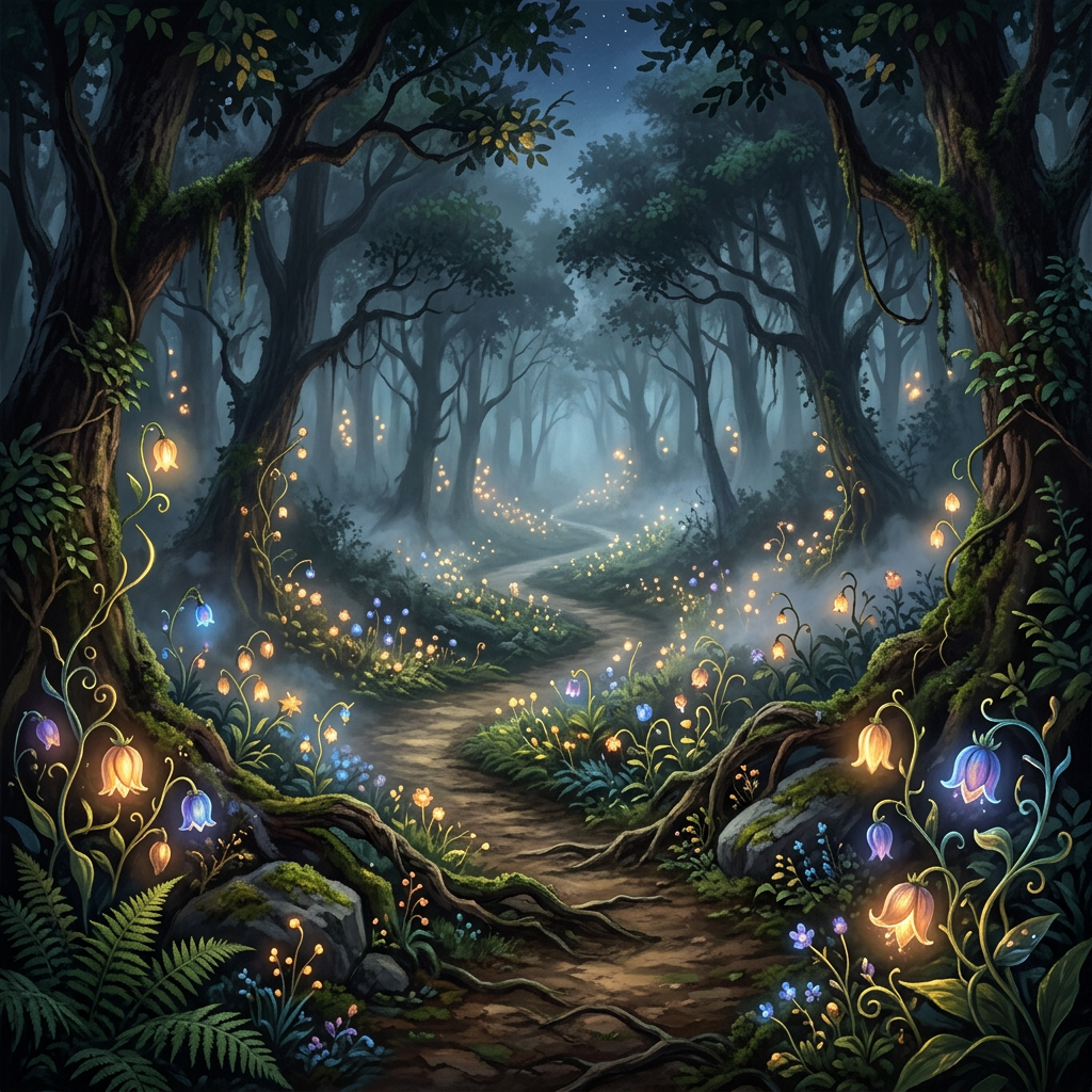 Forest path winding through trees with glowing blue and yellow flowers and fireflies