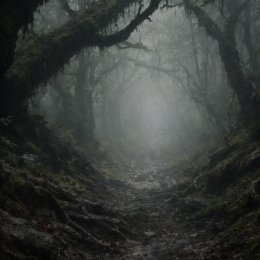 Person on horseback riding through a misty, dense forest path surrounded by mossy trees