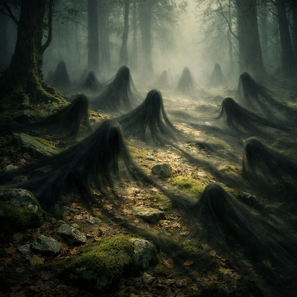Ghostly, shadowy figures emerging from forest floor in misty woods