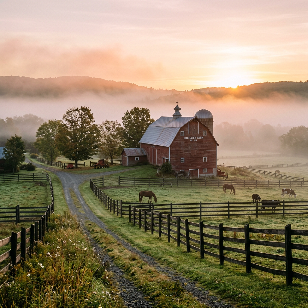 Red barn labeled Oarilaven Farm with horses and cows grazing in fenced pastures at sunrise