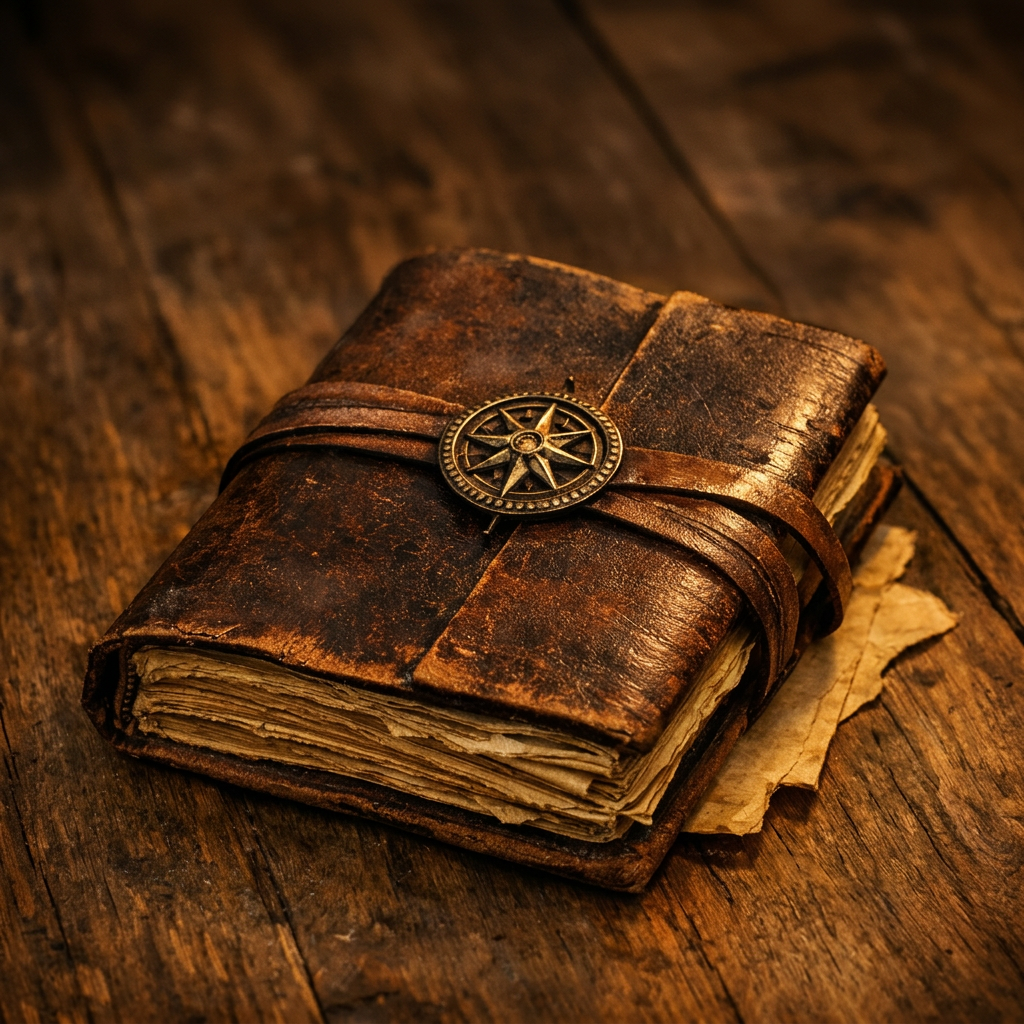 Worn leather journal with compass clasp, antique keys, handmade paper, feather quill, and lit candle on wooden table
