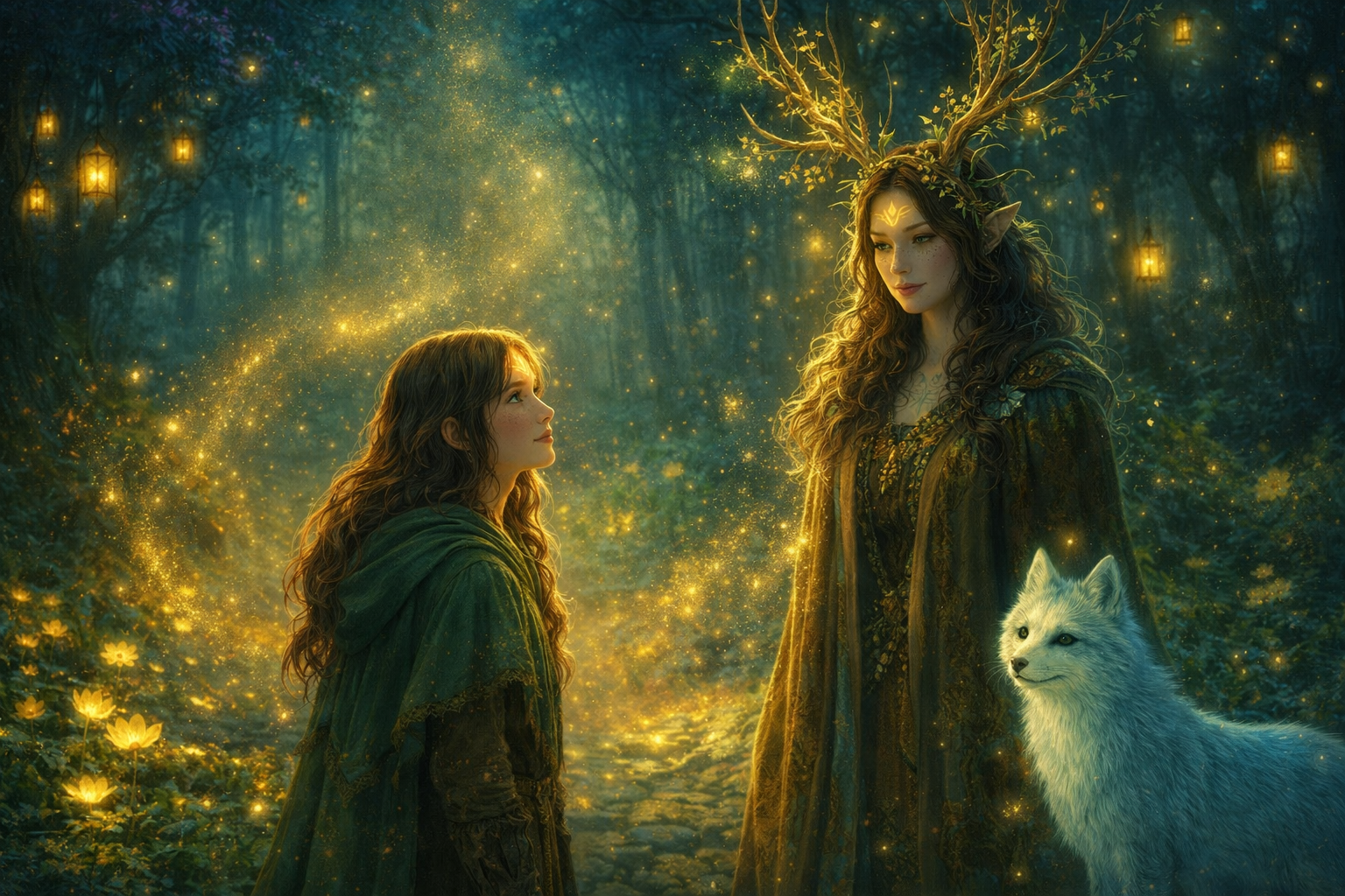 A glowing forest clearing at twilight where Elara, a young girl with chestnut‑brown hair and a faint ember mark on her forehead, stands before Eden, a tall antlered woman adorned with living vines and softly glowing blossoms. Eden’s eyes shine pale green as she gazes down at Elara, who wears a forest‑woven cloak. Beside them, a luminous silver‑white fox watches quietly. Lanternflowers and golden light swirl through the misty air, illuminating the ancient trees around them.