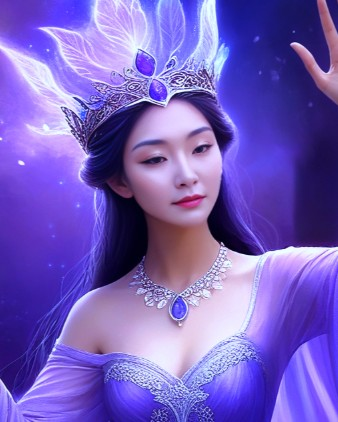 A mystical fantasy queen with long flowing purple hair stands against a glowing violet background. She wears an ornate silver crown set with bright blue gemstones, a shimmering lavender gown, and a matching silver-and-blue jeweled necklace. Soft light and mist create an ethereal, magical atmosphere.