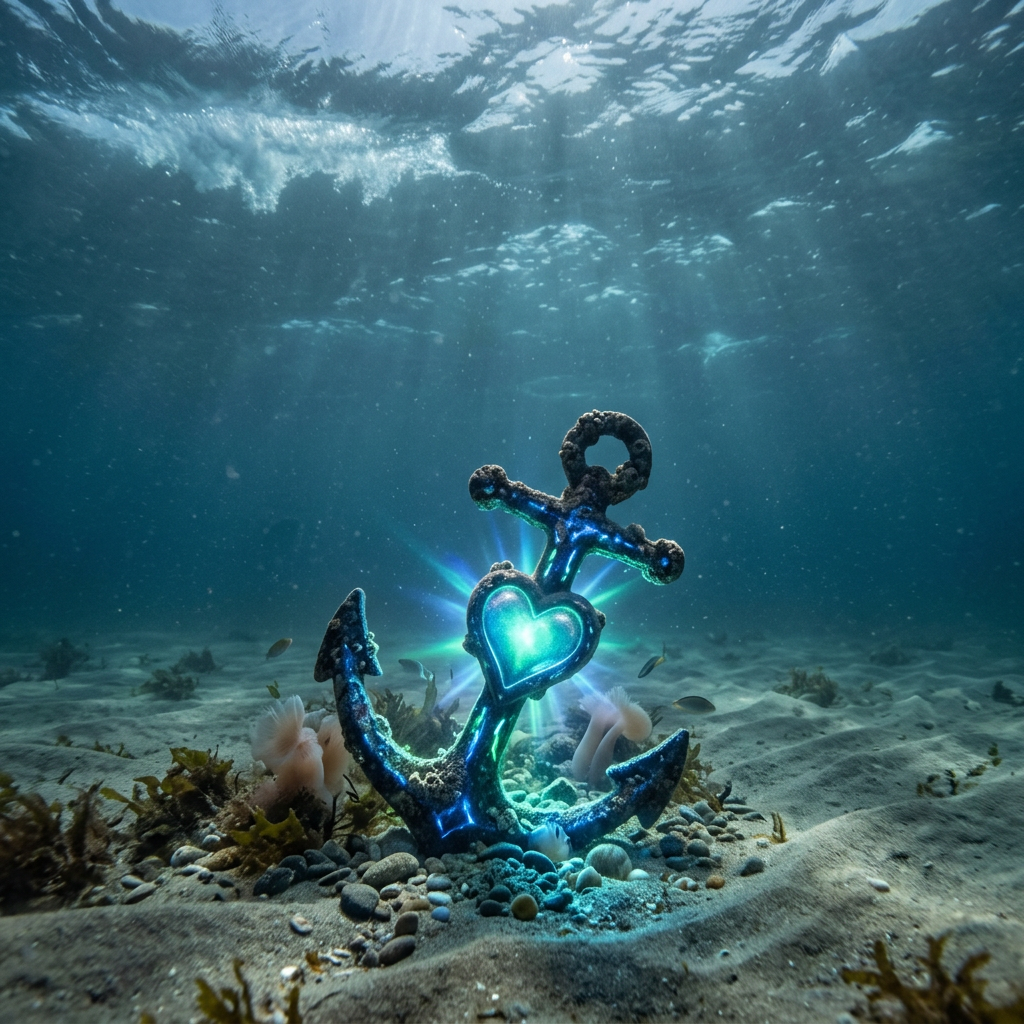 Underwater anchor with glowing heart symbol resting on ocean floor