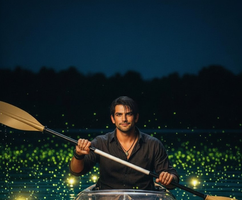 A person sits in a transparent kayak on calm water at night, surrounded by hundreds of glowing green fireflies. The dark silhouette of trees frames the background while the soft bioluminescent light reflects off the kayak and water, creating a serene, magical atmosphere.