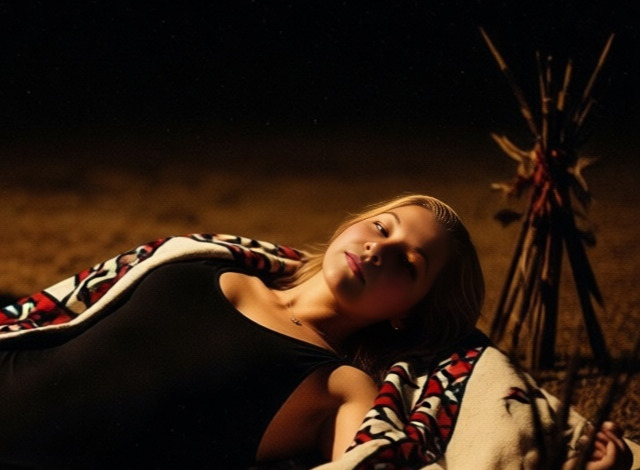 A person lies on the ground at night, partially covered by a red, black, and white geometric-patterned blanket. Warm light illuminates their face and upper body, suggesting a nearby fire. Behind them, a small teepee-like structure made of sticks rises from the dimly lit outdoor setting, creating a quiet, rustic, campfire atmosphere.