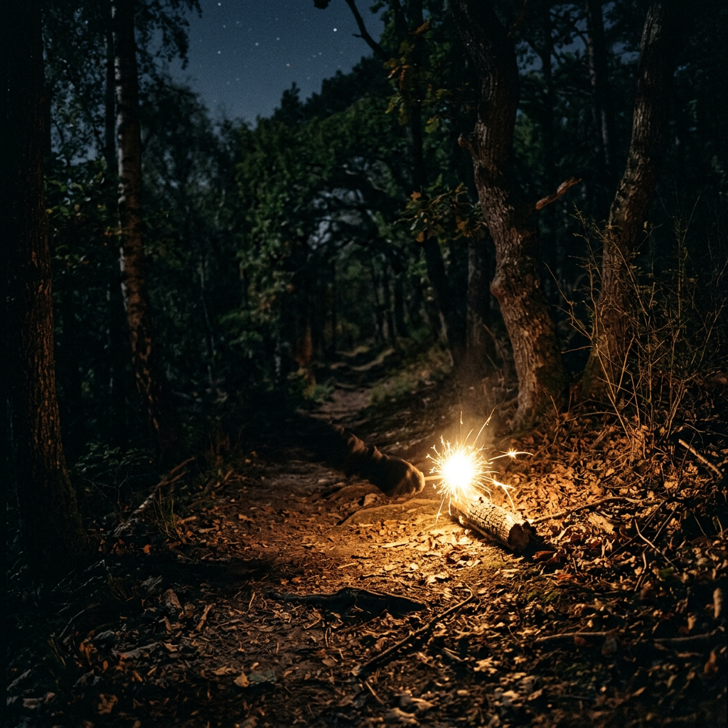 Sparkler glowing on a forest floor at night along a dirt path