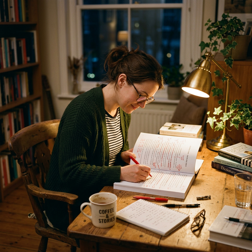 Woman writing red notes in a book at a wooden desk with lamp and coffee mug