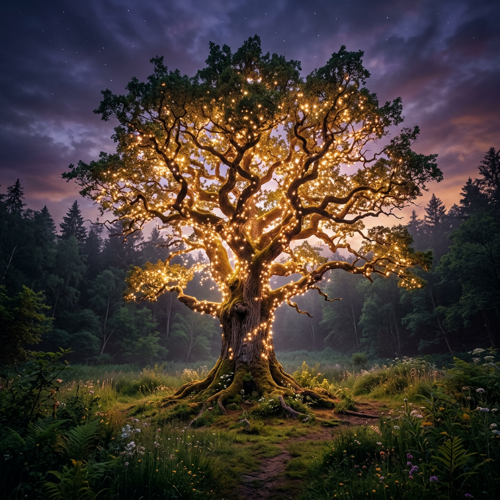 Large oak tree decorated with sparkling lights in a forest at dusk