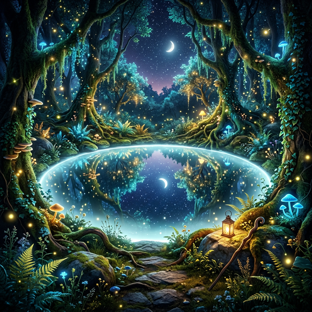 Glowing pool in a forest at night reflecting crescent moon and stars surrounded by illuminated trees and mushrooms.
