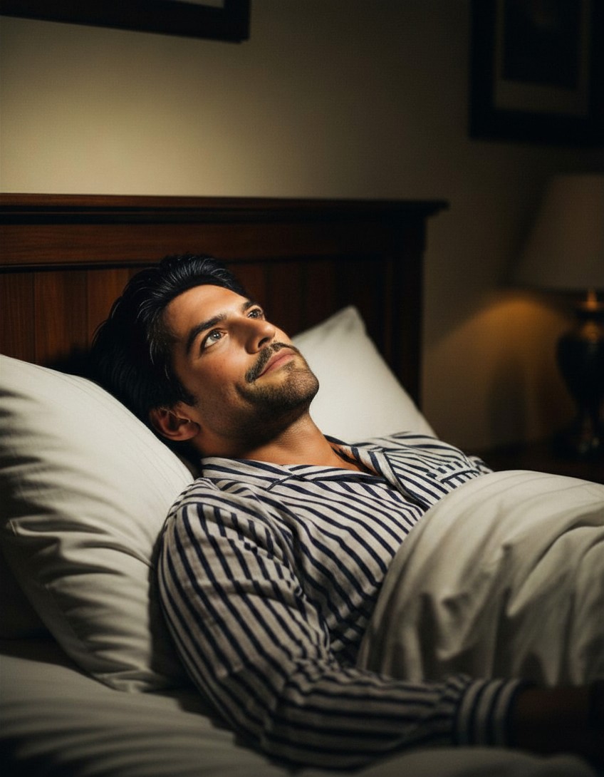 A person lies in bed wearing striped pajamas, resting on a white pillow and covered by a white blanket. Warm bedroom lighting reveals a wooden headboard, framed pictures on the wall, and a bedside lamp, creating a calm, cozy nighttime atmosphere.