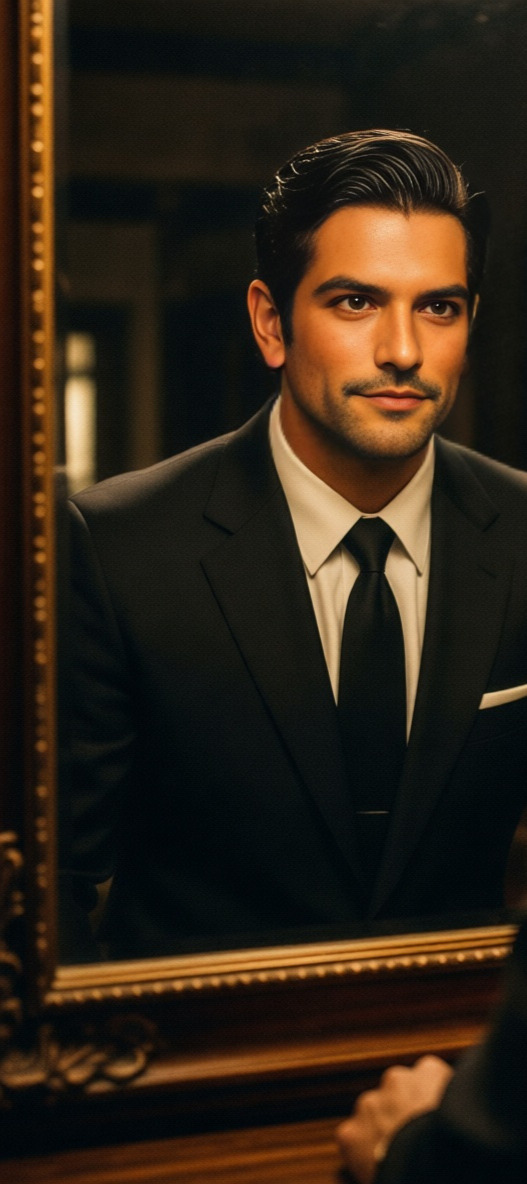 A person dressed in a black suit, white dress shirt, and black tie stands before an ornate wooden-framed mirror. Their reflection shows neatly styled dark hair and a calm, composed expression under warm, soft lighting.