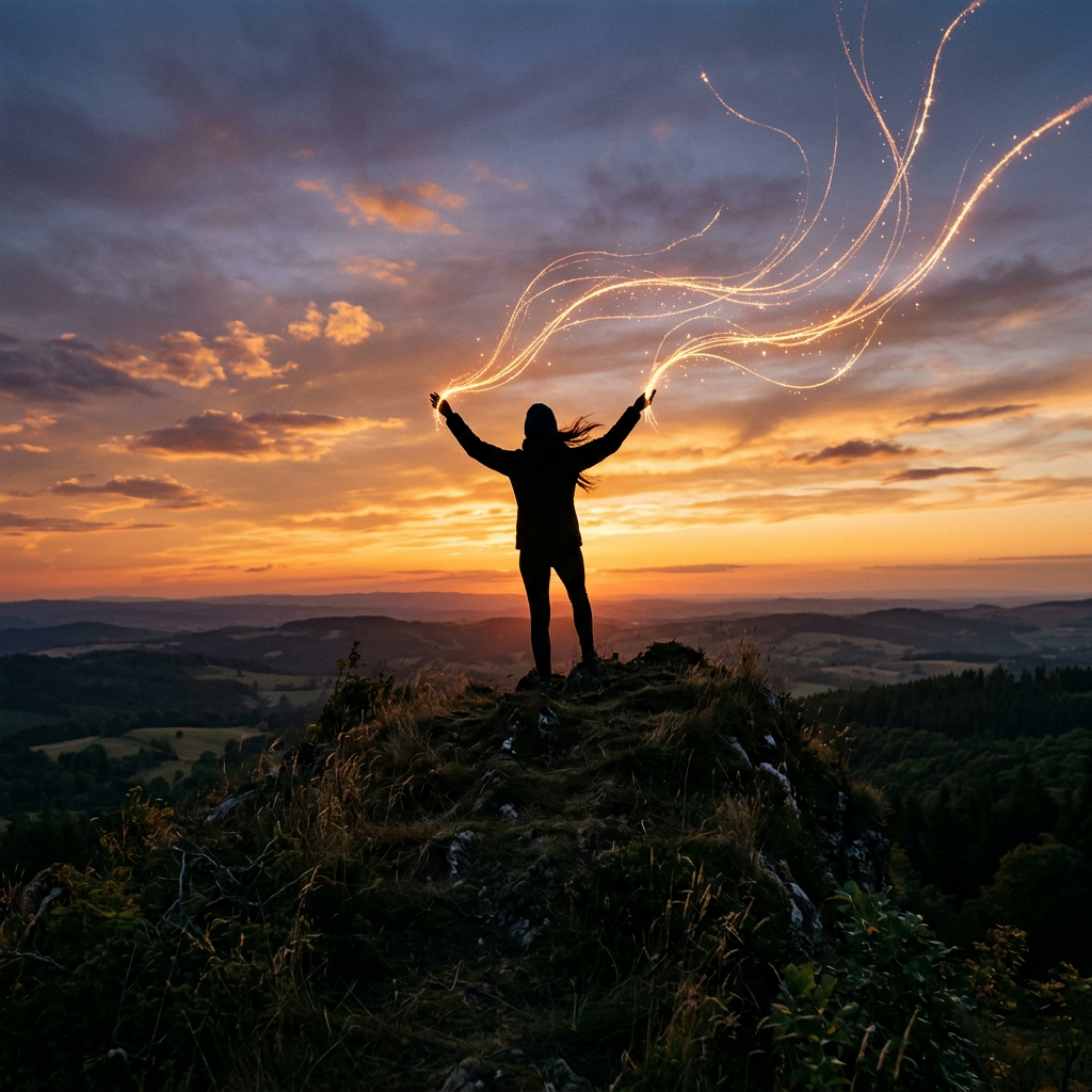 Silhouette of a person on a hilltop with glowing light trails at sunset