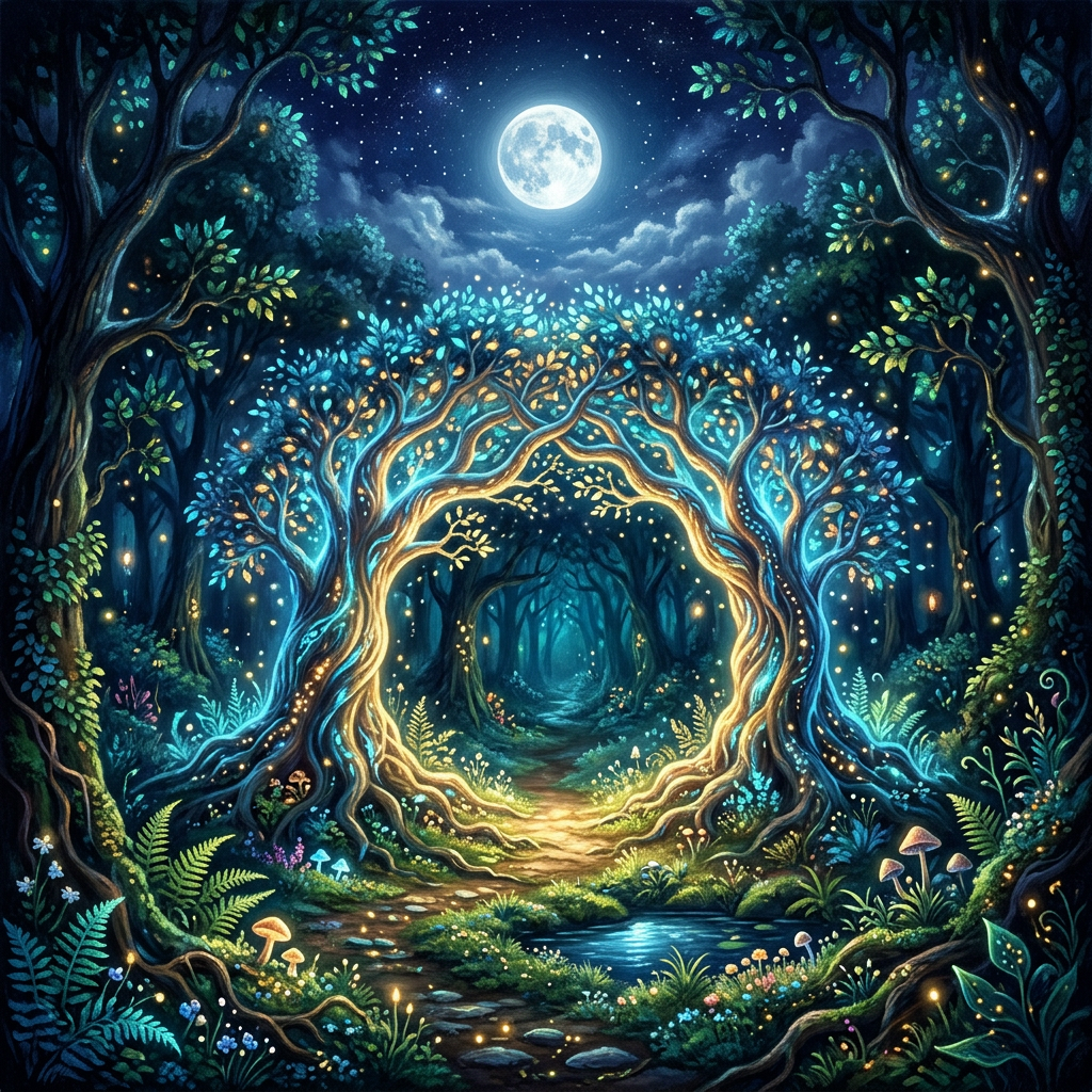 Moonlit forest path with trees forming a glowing arch surrounded by plants and fireflies