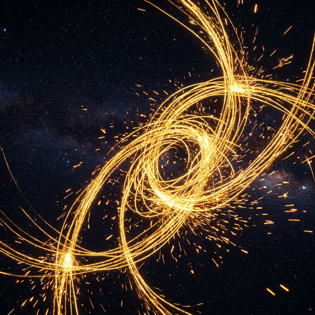 Golden light trails swirling dynamically with sparks against a dark starry background