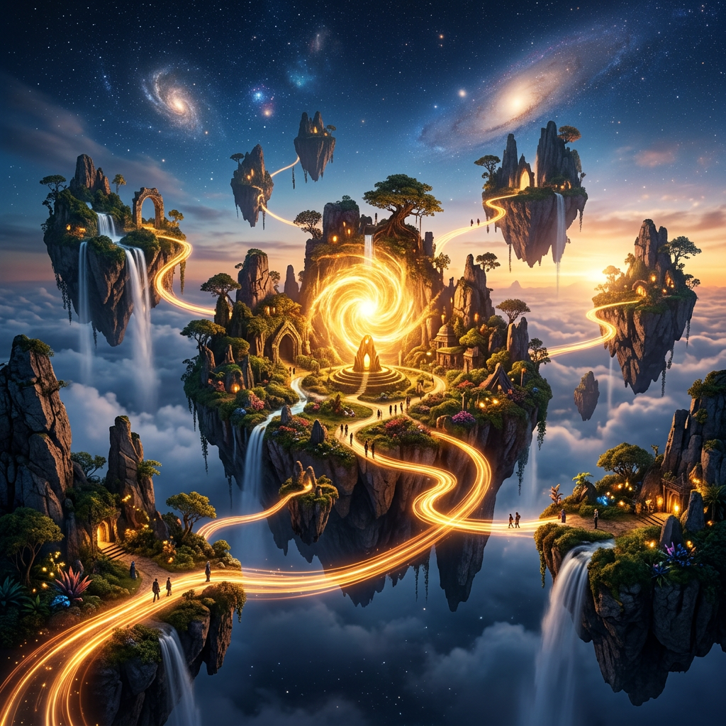 Floating rocky islands with waterfalls connected by glowing winding paths under a cosmic night sky