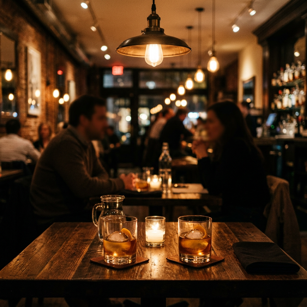 Two glasses with drinks and ice on a wooden table in a dimly lit bar with people conversing in the background.