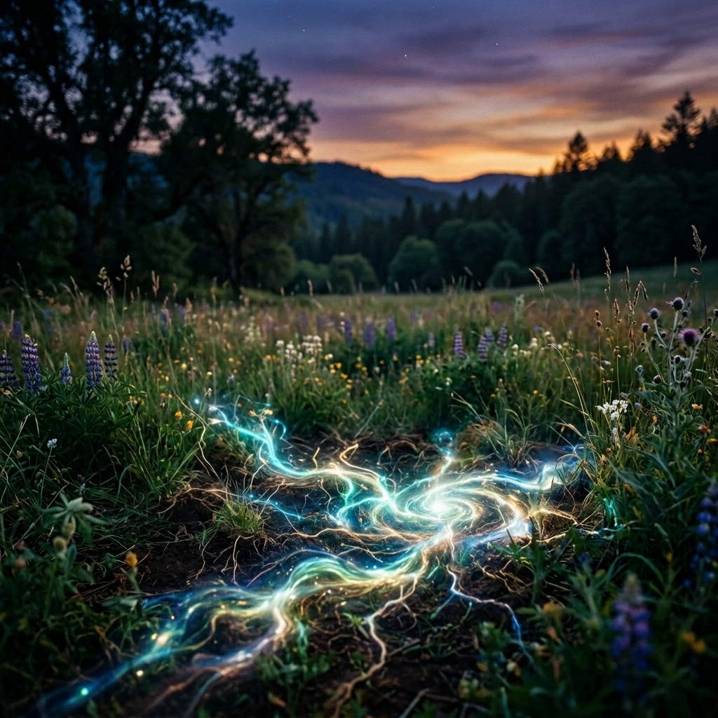 Woman kneeling in a wildflower field at sunset, engaging with glowing mystical energy on the earth