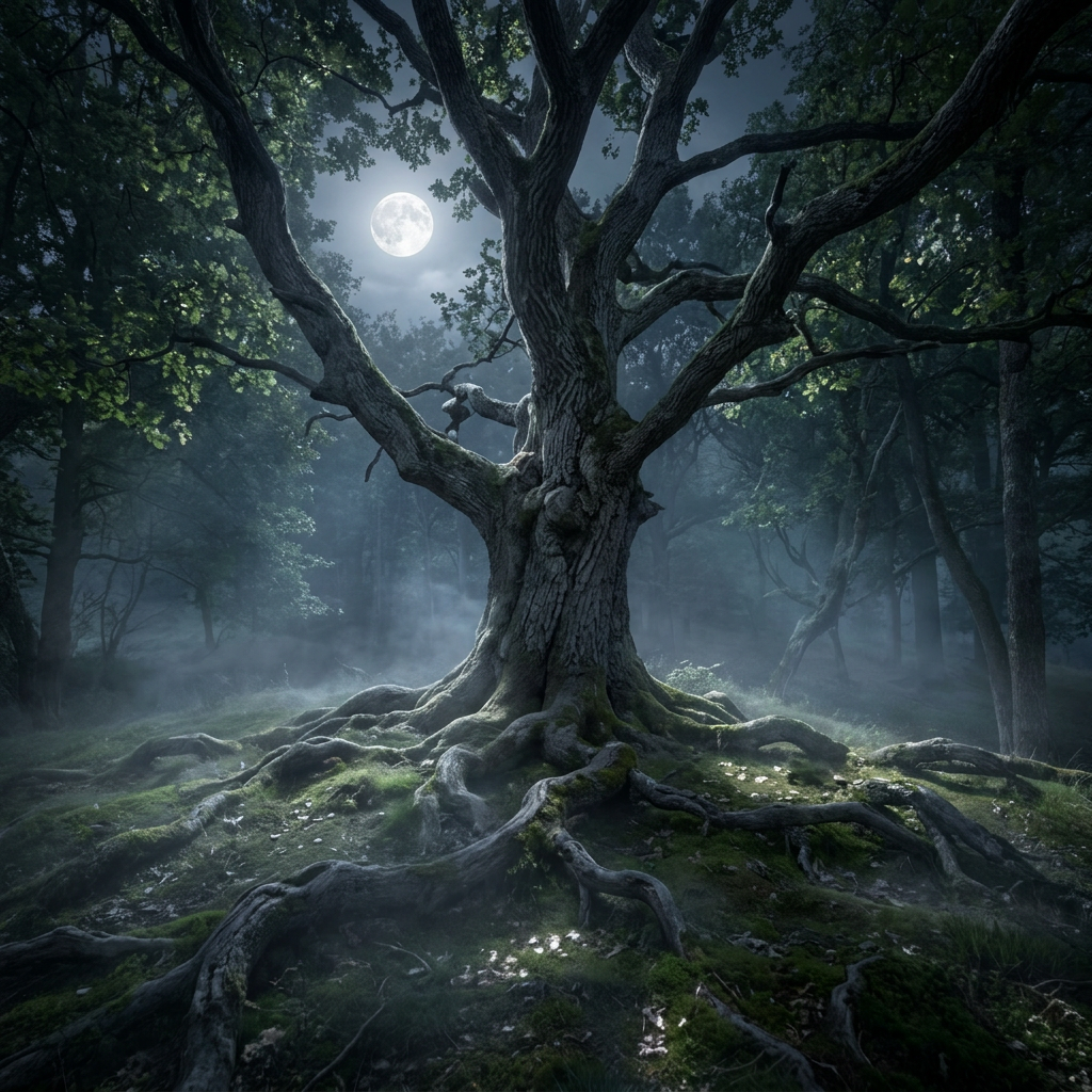 Ancient tree with extensive roots under full moon in foggy forest