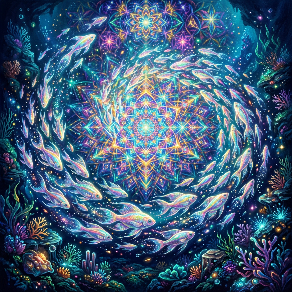 Colorful fish swimming in a spiral around a glowing intricate mandala underwater